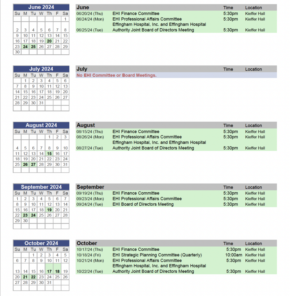 Monthly Board of Directors' Meetings – Effingham Health System